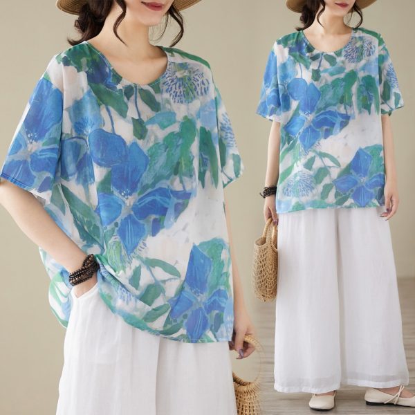 Temperament art slim tops cotton linen large yard T-shirt